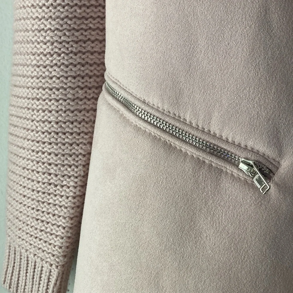 SHERPA LINED Pink Vegan Suede Cascade Collar Knitted Combination Jacket - Picture 5 of 6
